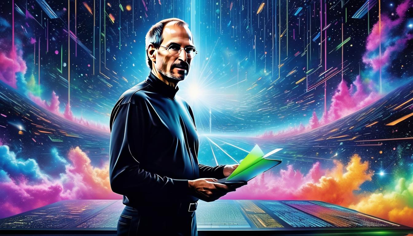  fluorescent dust, fluorescent spraypaint, fluorescent grain, fluorescent make up Steve Jobs standing prominently with futuristic tech designs in the background, showcasing innovative achievements. Surrounding him, ethereal beings with expressions of support and illumination emphasize the narrative of transformative achievements, mood of triumph and innovation.dust, cinematic film, best quality, high resolution, realistic, 8k, dynamic angle, serene, extremely detailed, absurdres particle effect, wonderful night dreamlike glowing masterpiece, celestial, detailed, realistic, image concept art, phenomenal mesmerise, maximalist,