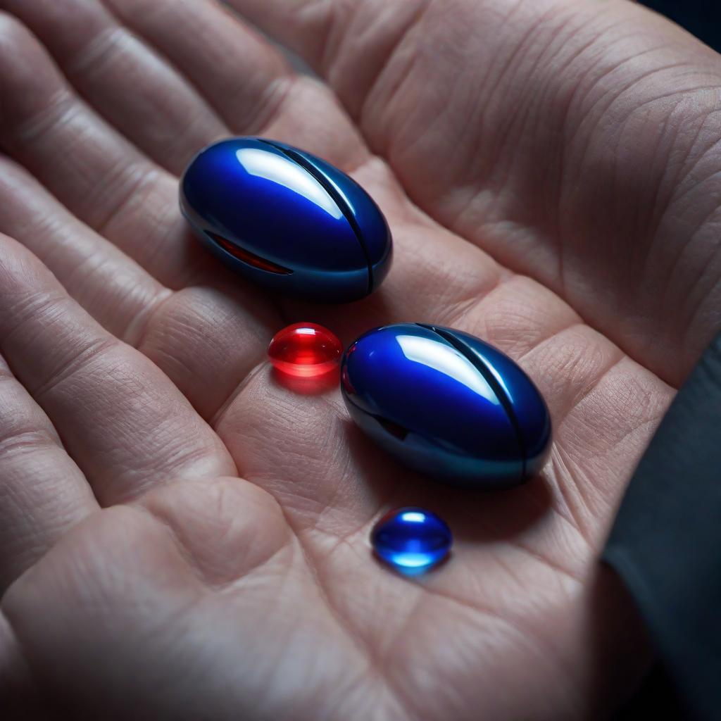  A close-up rendering of the red pill and the blue pill as depicted in the movie 'The Matrix.' The background is dark and slightly futuristic. The red pill and the blue pill are placed prominently, each glowing in their respective colors—red and blue—emphasizing the iconic choice they represent in the movie. The setting should feel cinematic and dramatic. hyperrealistic, full body, detailed clothing, highly detailed, cinematic lighting, stunningly beautiful, intricate, sharp focus, f/1. 8, 85mm, (centered image composition), (professionally color graded), ((bright soft diffused light)), volumetric fog, trending on instagram, trending on tumblr, HDR 4K, 8K