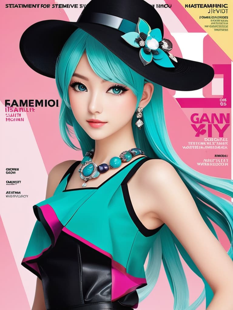  A fashion magazine cover featuring a wearing a stylish and colorful outfit inspired by Hatsune Miku. The design should showcase artistic excellence and high quality graphics, including English text elements such as the username, watermark, artist name, and signature. The should be dressed in a fashionable and tasteful ensemble, such as a sleeveless top with a ruffled , accessorized with a matching hat and statement jewelry.