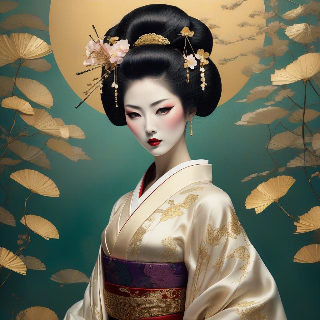  a double exposure image that captures the essence of a geisha, portrayed with the intricate silk textures and golden filigree reminiscent of Gustav Klimt's style. The artwork should be rendered in watercolor and ink, featuring imperial colors with delicate gold foil details. Incorporate elements of Art Deco, inspired by the works of Enki Bilal, Egon Schiele, Milo Manara, Catrin Welz Stein, and Jean Metzinger. The geisha's eyes and hands should be depicted with perfection, set against a dynamic pose and a dark jade background. Add a touch of splatter to convey movement, and use gold filaments to enhance the composition. The image should be of high resolution, 8k or 4k, ensuring a beautiful close up with crisp quality. The background should h hyperrealistic, full body, detailed clothing, highly detailed, cinematic lighting, stunningly beautiful, intricate, sharp focus, f/1. 8, 85mm, (centered image composition), (professionally color graded), ((bright soft diffused light)), volumetric fog, trending on instagram, trending on tumblr, HDR 4K, 8K