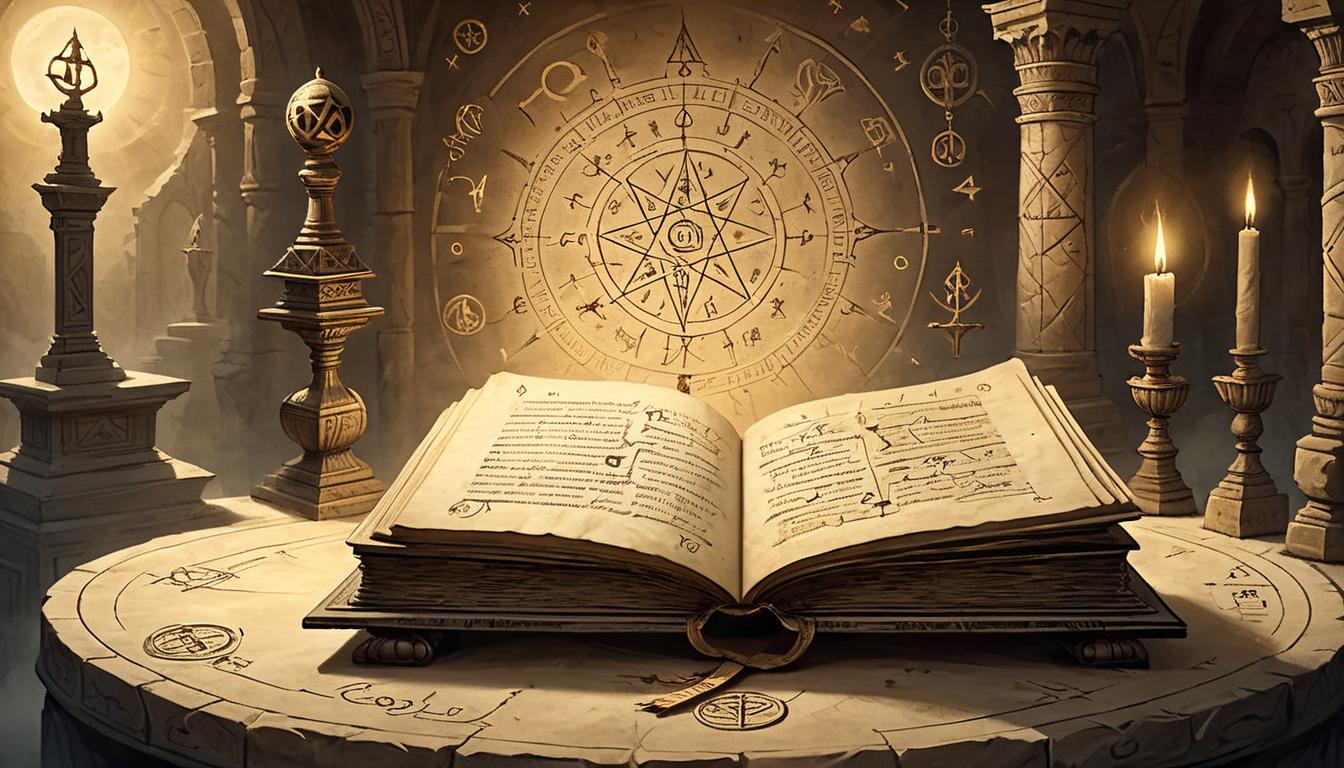  on parchment, surrealism+++, An ancient tome resting on a pedestal, pages slightly open and glowing, surrounded by dim light, ancient symbols in the background, wisdom, careful, enlightened(mysterious, provocative, symbolic,muted color)+++