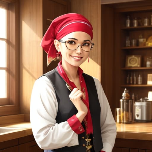  Shaved head, female, wearing pirate bandana, smiling, indoors, love you, wearing small glasses, pop.