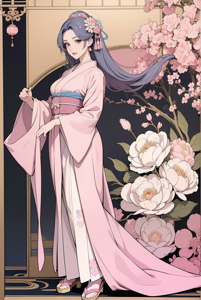  Art Nouveau, Alex Solis stlye, Anime, Japanese traditional queen pastel pink Yukata, A full body of a very beautiful Japanese girl, Glamorous, Look ahead, Perfect figure, perfect finger, Women are surrounded by complex designs and pastel pink flowers in traditional Japanese patterns, Background is reminiscent of stained glass or elaborate metalwor, ADVERTISING PHOTO,high quality, good proportion, masterpiece , The image is captured with an 8k camera