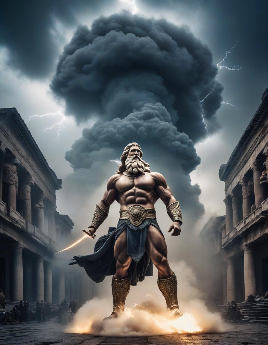  Highly detailed image with double exposure and layering of textures. Professional photo, fantasy mythology. Puppet animation. Street of the ancient city, at the end of the street there is a waist high figure of the giant Zeus, who in clouds of smoke, dust and clouds, with a menacing look, surrounded by lightning bolts, eats a dish prepared by the Greeks. Puppet figures some Greeks are protesting with signs with Greek words on them. All around is ancient Greek architecture, mostly with columns; some buildings have fallen into disrepair. Aesthetic, beautiful, realistic, professional photo, Canon EOS 6D Mark III, ISO 40000, Full HD quality high end hyperrealistic, full body, detailed clothing, highly detailed, cinematic lighting, stunningly beautiful, intricate, sharp focus, f/1. 8, 85mm, (centered image composition), (professionally color graded), ((bright soft diffused light)), volumetric fog, trending on instagram, trending on tumblr, HDR 4K, 8K