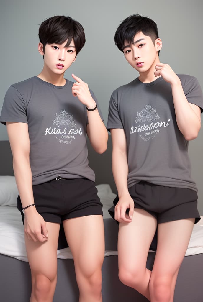  Asian male twins, good looks like Korean celebrities, dark hair, dark eyes, good figure, in the bedroom, wearing t shirts and shorts. , ADVERTISING PHOTO,high quality, good proportion, masterpiece , The image is captured with an 8k camera