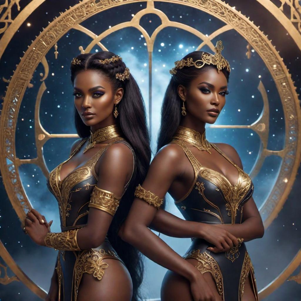  Gemini twin zodiac sign, female, fantasy, dark skin hyperrealistic, full body, detailed clothing, highly detailed, cinematic lighting, stunningly beautiful, intricate, sharp focus, f/1. 8, 85mm, (centered image composition), (professionally color graded), ((bright soft diffused light)), volumetric fog, trending on instagram, trending on tumblr, HDR 4K, 8K