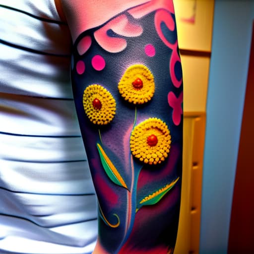 wa-vy style Arm tattoo of Various bright flowers growing along a vine