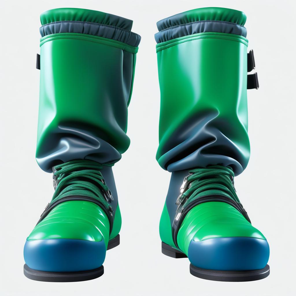  Dressed on feet, pants filled, in smooth ones without pleats, high surgical shorts like boots (with flat soles, without heels: 1.3), with upper elastic bands, made of glossy latex, the lower part (from sole to ankle: 1.2), (dark green: 1.3), the upper part (from ankle to knee: 1.2), (dark blue: 1.3). hyperrealistic, full body, detailed clothing, highly detailed, cinematic lighting, stunningly beautiful, intricate, sharp focus, f/1. 8, 85mm, (centered image composition), (professionally color graded), ((bright soft diffused light)), volumetric fog, trending on instagram, trending on tumblr, HDR 4K, 8K