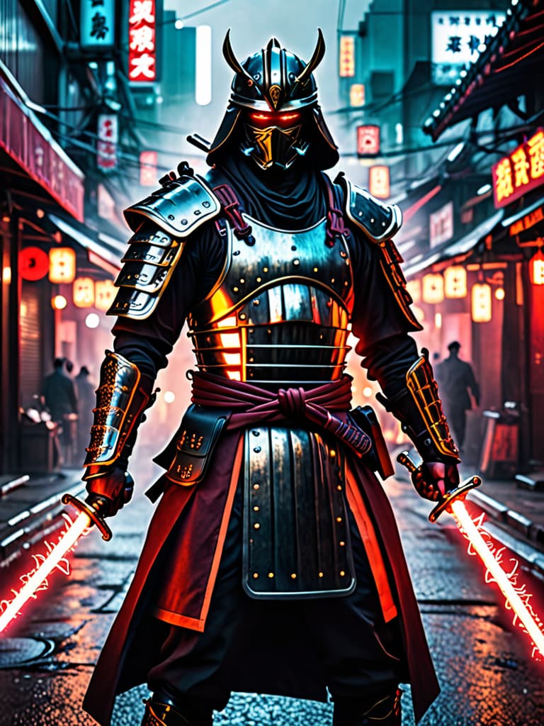  glowneon, glowing samurai emitting sparks and electricity, dark red and orange, glowing eyes, cinematic film still <lora:glowneon xl v1:1> <lora:add detail xl:0.8> hyperrealistic, full body, detailed clothing, highly detailed, cinematic lighting, stunningly beautiful, intricate, sharp focus, f/1. 8, 85mm, (centered image composition), (professionally color graded), ((bright soft diffused light)), volumetric fog, trending on instagram, trending on tumblr, HDR 4K, 8K