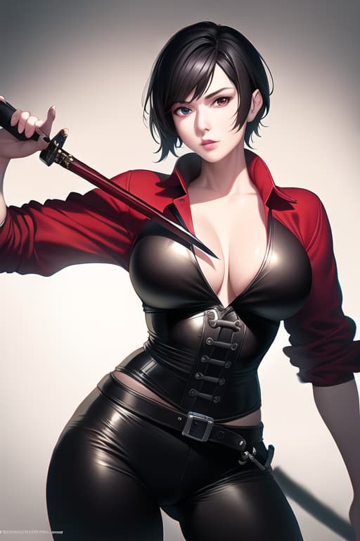  black hair, very short hair, woman, older sister, mature, white dress shirt, red corset, black leather pants, long Japanese sword, muscular, accurate eyes, accurate hands, Japanese armor on shoulders and arms, (Masterpiece, BestQuality:1.3), (ultra detailed:1.2), (hyperrealistic:1.3), (RAW photo:1.2),High detail RAW color photo, professional photograph, (Photorealistic:1.4), (realistic:1.4), ,professional lighting, (japanese), beautiful face, (realistic face)