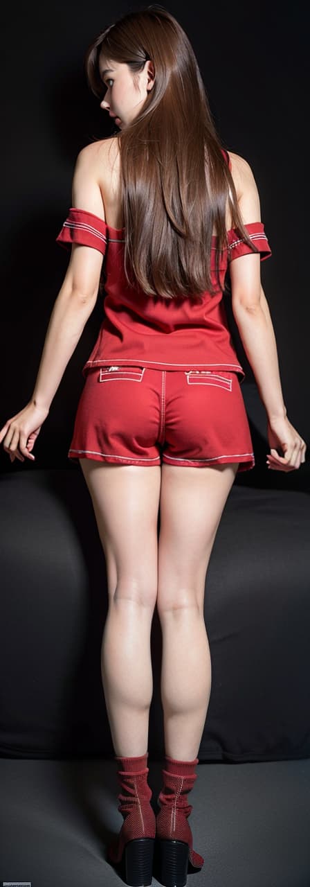  Brown hair girl, smile, long hair, red pajamas, denim shorts, beautiful legs, back, lower body, sleep on bed, (Masterpiece, BestQuality:1.3), (ultra detailed:1.2), (hyperrealistic:1.3), (RAW photo:1.2),High detail RAW color photo, professional photograph, (Photorealistic:1.4), (realistic:1.4), ,professional lighting, (japanese), beautiful face, (realistic face)