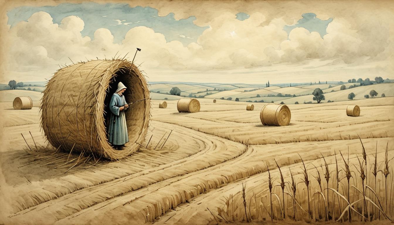  on parchment, surrealism+++, A lone figure searching through a vast field of hay, tiny glint of a needle, search for connection, vastness and smallness, yearning(mysterious, provocative, symbolic,muted color)+++