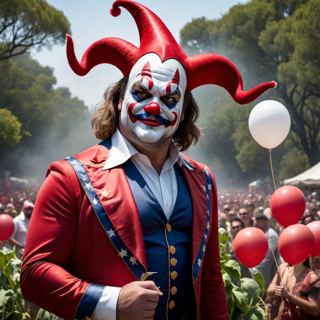  Create an image of actor and musician Jack Black in a devil clown costume, symbolizing the theme of 'patriotism for sale' at the Avocado Festival. The image should be engaging and provoke thought to complement a viral tweet. hyperrealistic, full body, detailed clothing, highly detailed, cinematic lighting, stunningly beautiful, intricate, sharp focus, f/1. 8, 85mm, (centered image composition), (professionally color graded), ((bright soft diffused light)), volumetric fog, trending on instagram, trending on tumblr, HDR 4K, 8K