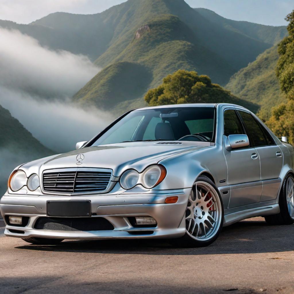  1997 Mercedes AMG C36 in silver color, parked on a road, with its distinctive AMG sporty design elements, slightly aggressive front grille, alloy wheels, and classic 90's sedan body line hyperrealistic, full body, detailed clothing, highly detailed, cinematic lighting, stunningly beautiful, intricate, sharp focus, f/1. 8, 85mm, (centered image composition), (professionally color graded), ((bright soft diffused light)), volumetric fog, trending on instagram, trending on tumblr, HDR 4K, 8K