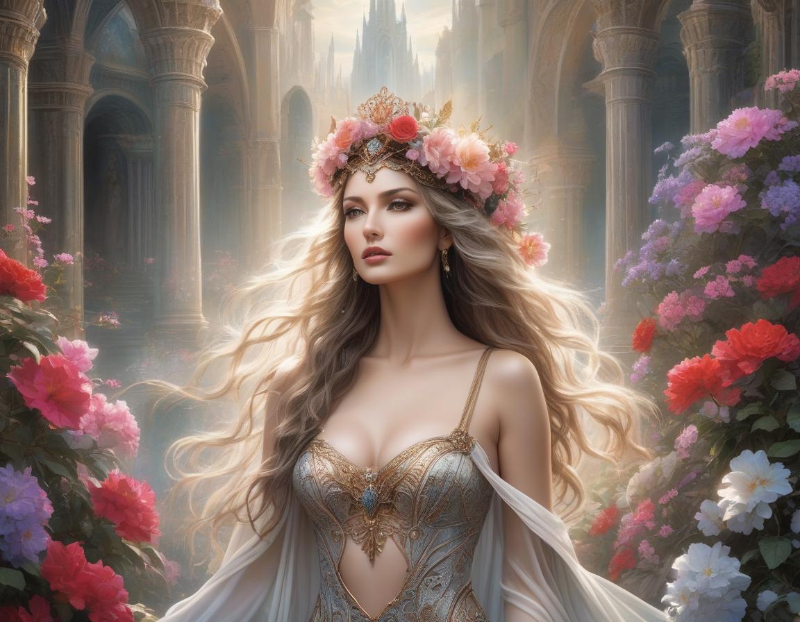  A woman with a floral crown and long wavy hair gazes away, set against a fantastic al castle and lush, blooming flowers. Envision a work of art where fantasy and reality blur—a woman stands enshrouded in a tapestry of vivid blossoms, her hair a cascade of elaborate floral designs. She dons a dress of futuristic elegance against a backdrop that whispers of the surreal, all captured in the distinctive style of Luis Royo. This digital masterpiece comes alive with brilliant hues and otherworldly illumination, creating a dreamy realm where every ornate detail contributes to an imaginative tableau hyperrealistic, full body, detailed clothing, highly detailed, cinematic lighting, stunningly beautiful, intricate, sharp focus, f/1. 8, 85mm, (centered image composition), (professionally color graded), ((bright soft diffused light)), volumetric fog, trending on instagram, trending on tumblr, HDR 4K, 8K