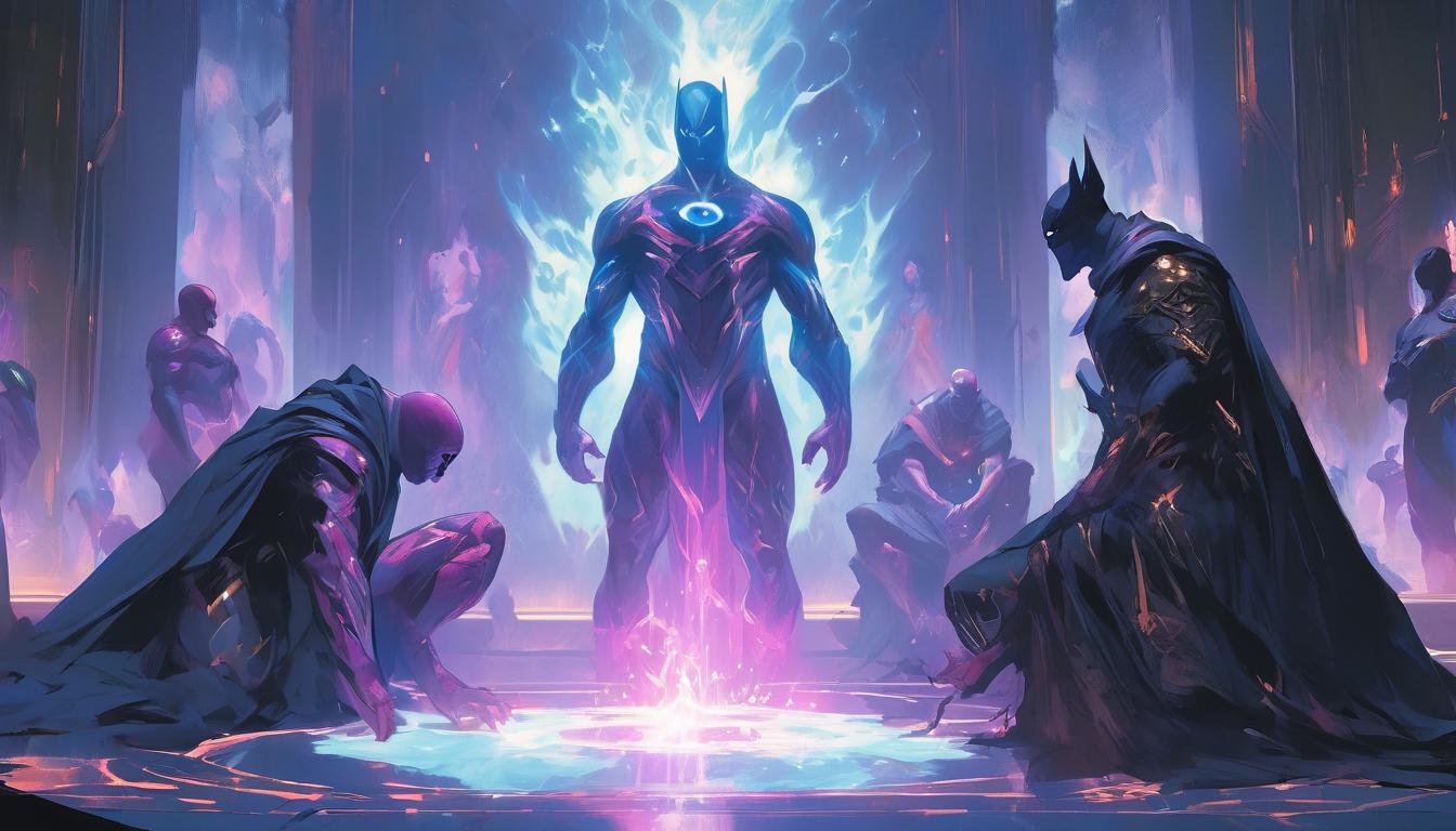  hyperrealism,fantasy aestheticFigures performing a ritual, holding crystals and chanting affirmations, energy lines connecting them, glowing with intense light, ritualistic, energetic unity, high tech clothing clad in sleek, futuristic costume with metallic accents and form fitting designs, marvel superhero comics style, unreal engine rendering