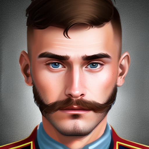 portrait+ style Russian queer sergeant brunette hunk dude face