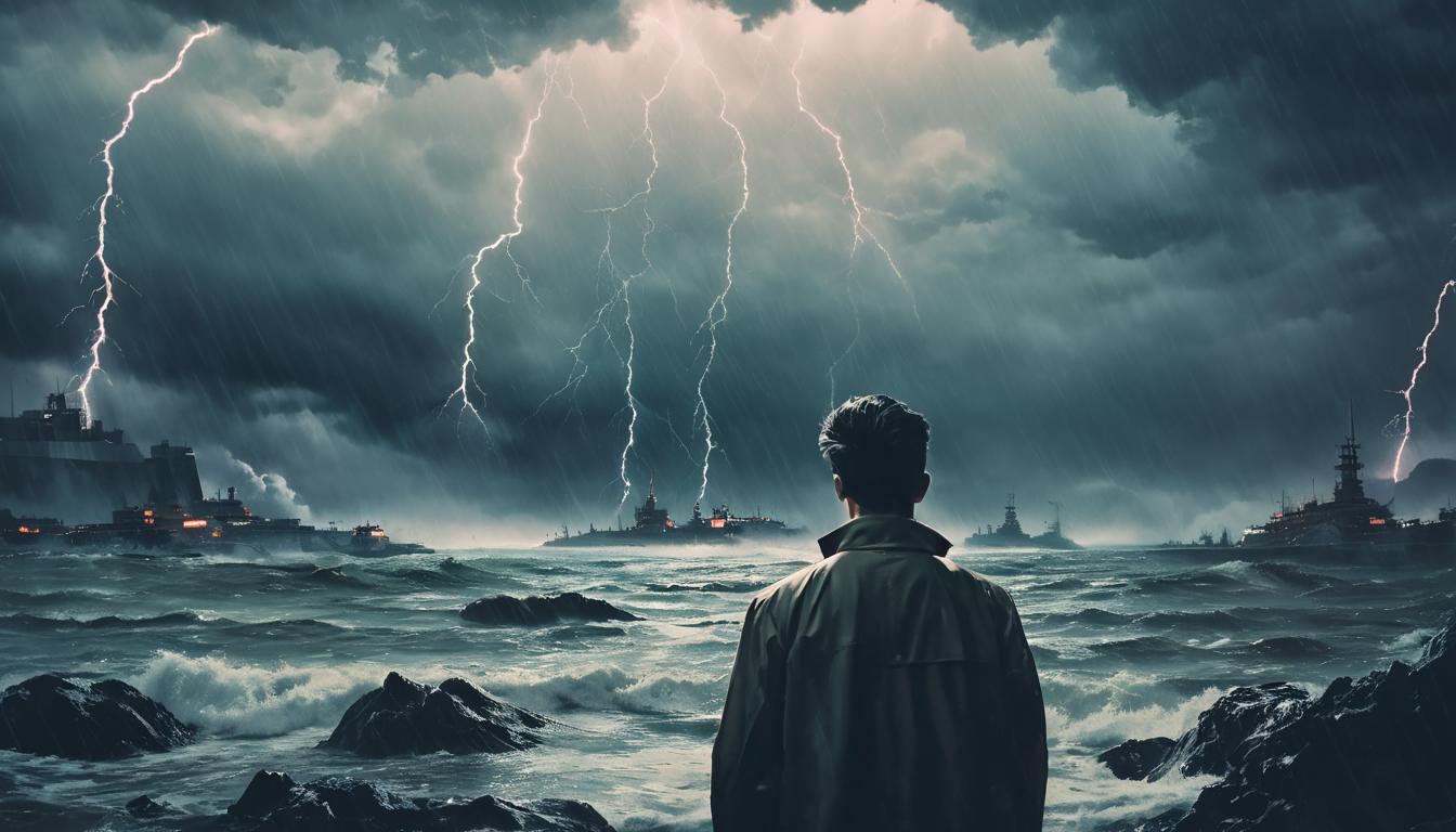  retro futuristic young person clasping head, overwhelmed expression, stormy backdrop, intense weather, emotional turmoil, visual of inner struggle, dramatic lighting lvintage sci fi, 50s and 60s style, atomic age, vibrant, highly detailed