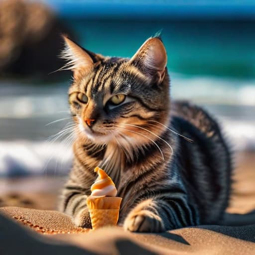  a cat is on the beach to eat icecream hyperrealistic, full body, detailed clothing, highly detailed, cinematic lighting, stunningly beautiful, intricate, sharp focus, f/1. 8, 85mm, (centered image composition), (professionally color graded), ((bright soft diffused light)), volumetric fog, trending on instagram, trending on tumblr, HDR 4K, 8K