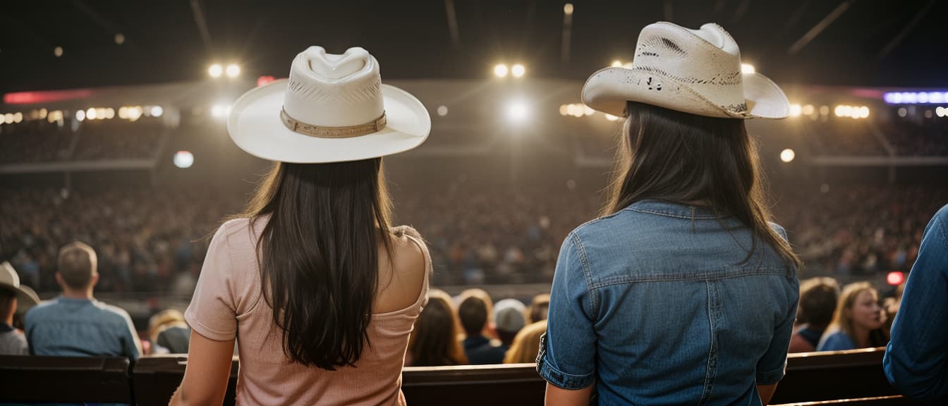  Back view of a young american woman fan of country music attending a country music concert wearing a cowboy hat and copy space