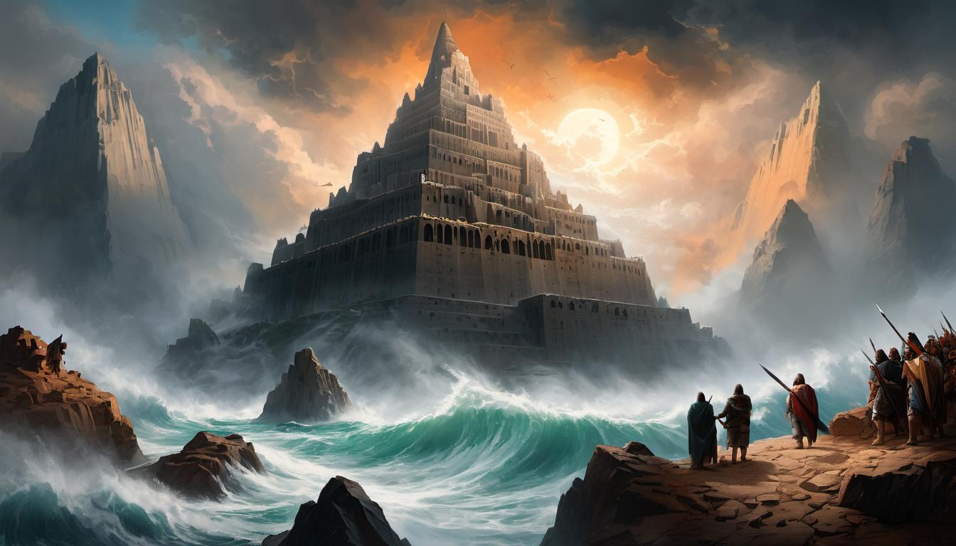  digital painting of Tower of Babel, shrouded in ethereal light, suggestive of divine realm, ominous atmosphere, sense of tension, looming challenge, defiance looking at viewer, dynamic pose, (intricate details, masterpiece, best quality)