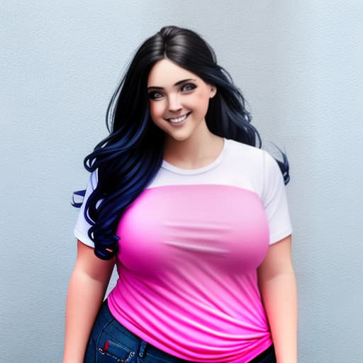  Generar una imagen de una mujer gordita hermosa sonriente cabello largo hasta los hombros vestida con una blusa fucsia y un jean azul parada en cerca a una pared blanca de Toma de cuerpo completo