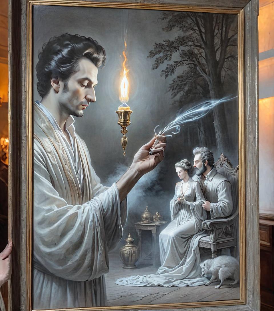  long exposure photo of painting, Pushkin . Blurred motion, streaks of light, surreal, dreamy, ghosting effect, highly detailed, on parchment hyperrealistic, full body, detailed clothing, highly detailed, cinematic lighting, stunningly beautiful, intricate, sharp focus, f/1. 8, 85mm, (centered image composition), (professionally color graded), ((bright soft diffused light)), volumetric fog, trending on instagram, trending on tumblr, HDR 4K, 8K