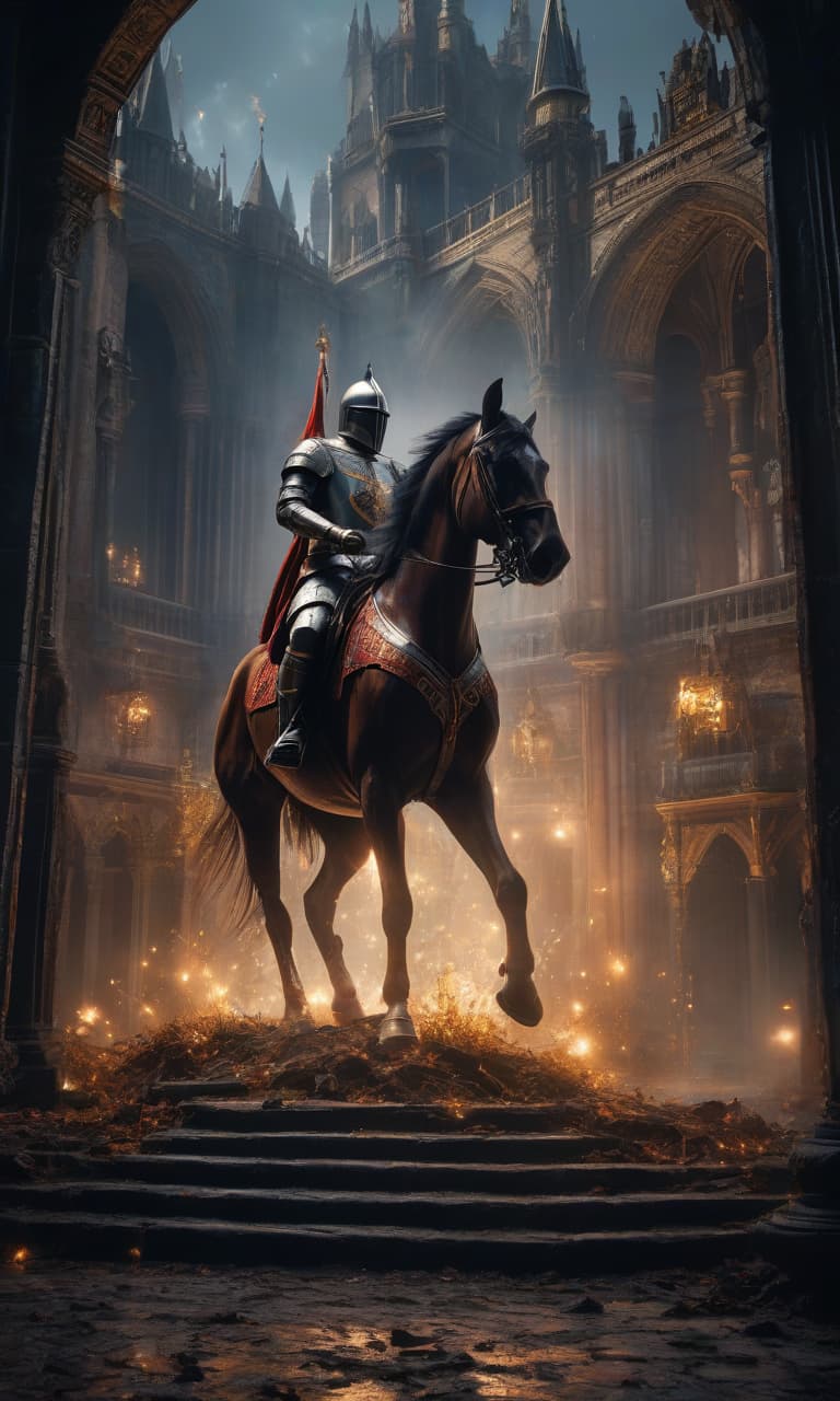  An atmospheric castle, knights on horses, clear depiction of details, double exposure, layering of frames, epic, star burst, painting, high resolution, beautiful, frame aesthetic, depth of field, many details, dark tones, bright colors, hyperrealistic, Ultra HD, fantasy art, 30mm lens, 1/250s, f/2.8, ISO 100, 4k. hyperrealistic, full body, detailed clothing, highly detailed, cinematic lighting, stunningly beautiful, intricate, sharp focus, f/1. 8, 85mm, (centered image composition), (professionally color graded), ((bright soft diffused light)), volumetric fog, trending on instagram, trending on tumblr, HDR 4K, 8K