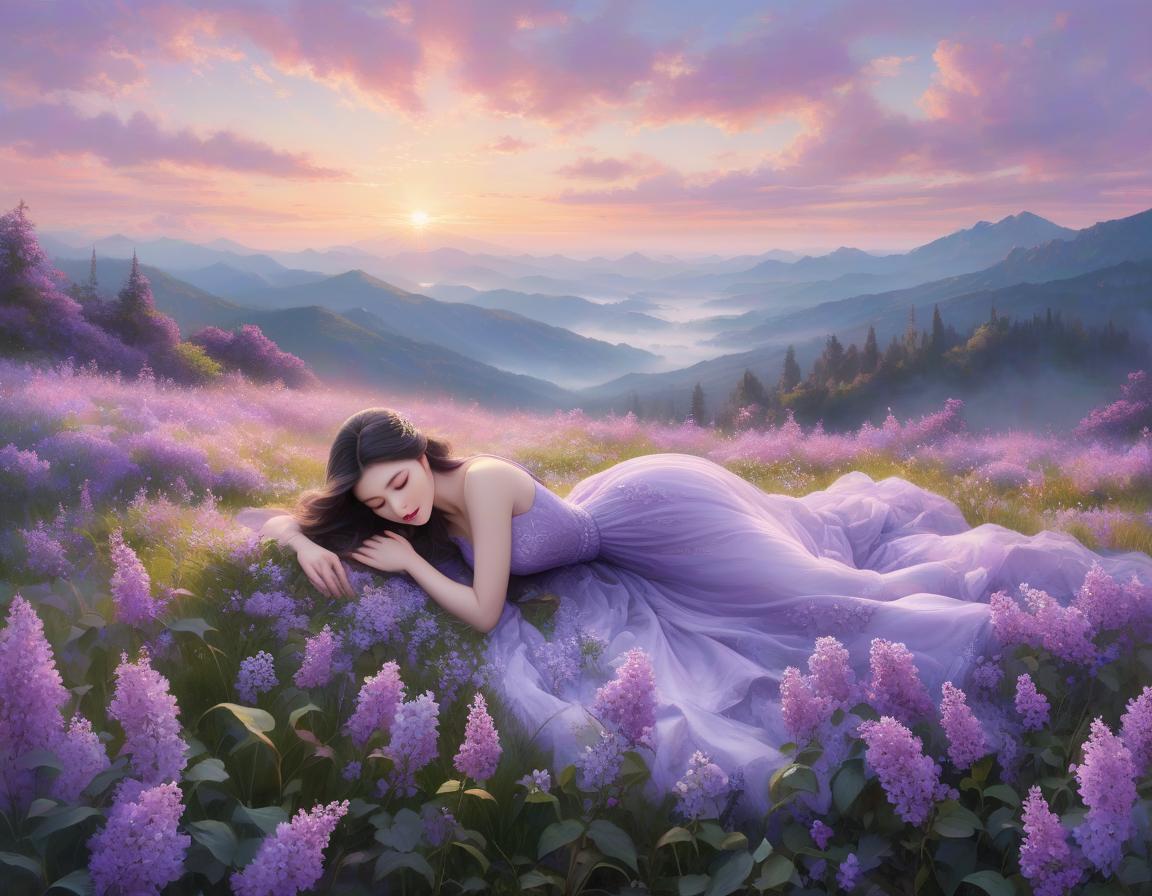  hyperrealistic art A serene painting of a girl in a lilac dress, lying in a field of purple flowers with mountains and a sunset in the background. tranquility and beauty, with elements like ethereal violet grass, tiny flowers, and soft winds. The artwork of Yelena Yushina and Kaoru Yamada is noted for its watercolor style and delicate details. The overall ambiance is described as dreamy, magical, and cozy, with a focus on soft colors and misty effects. The imagery evokes a sense of realism and elegance, with intricate and beautiful elements like blossoms and snow. . extremely high resolution details, photographic, realism pushed to extreme, fine texture, incredibly lifelike hyperrealistic, full body, detailed clothing, highly detailed, cinematic lighting, stunningly beautiful, intricate, sharp focus, f/1. 8, 85mm, (centered image composition), (professionally color graded), ((bright soft diffused light)), volumetric fog, trending on instagram, trending on tumblr, HDR 4K, 8K