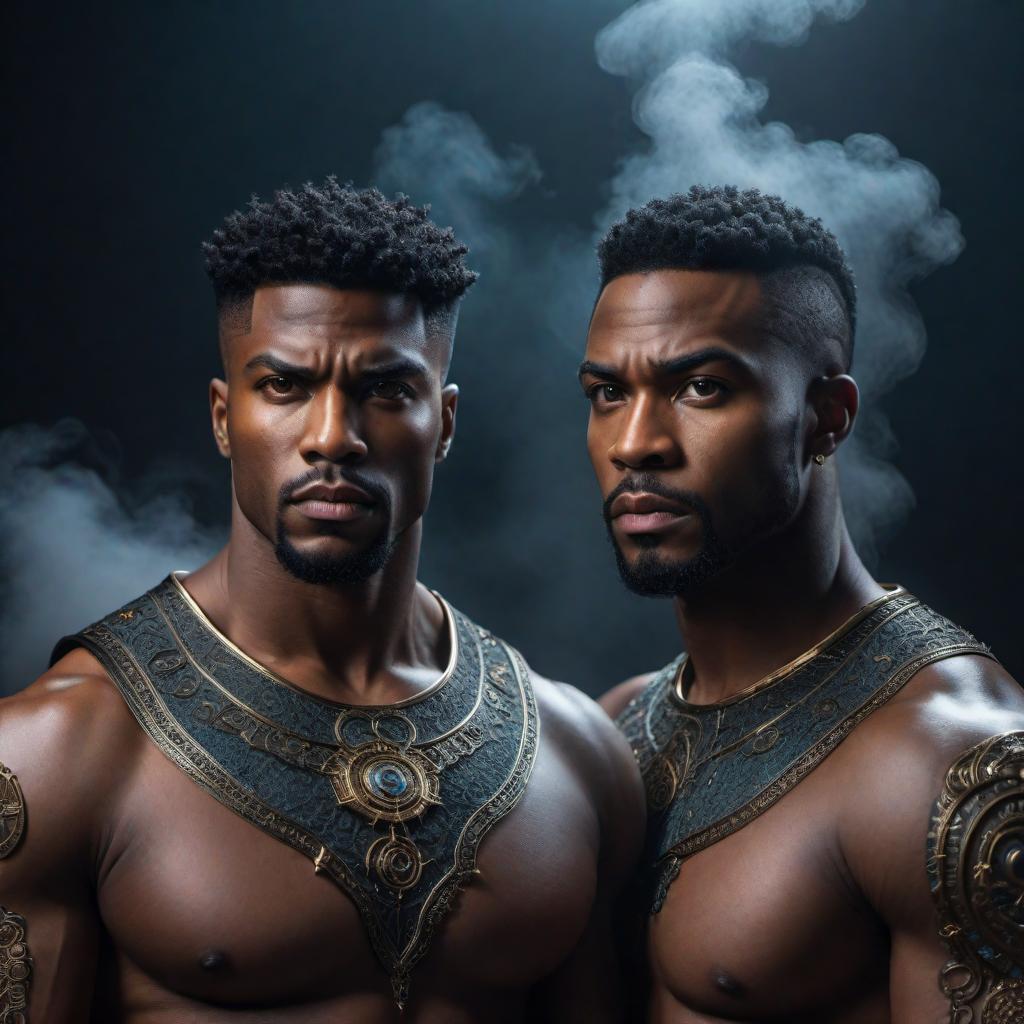  Angry black male twins in lofi fantasy style, Gemini zodiac, intense expressions, dark moody background, vibrant colors, celestial elements, intricate details hyperrealistic, full body, detailed clothing, highly detailed, cinematic lighting, stunningly beautiful, intricate, sharp focus, f/1. 8, 85mm, (centered image composition), (professionally color graded), ((bright soft diffused light)), volumetric fog, trending on instagram, trending on tumblr, HDR 4K, 8K