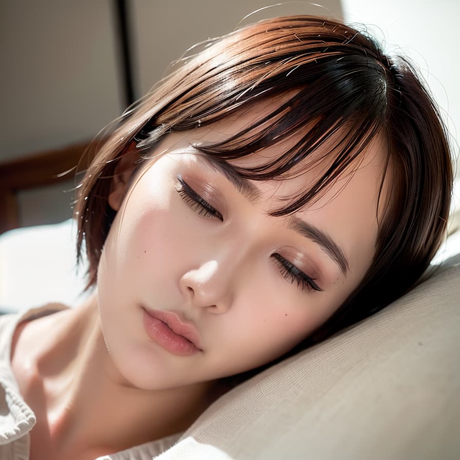  High resolution, 4K, real SKIN Detail, Japan's beauty, one , realistic, lying, side, eyes closed, short hair, see through, sleep, indoor, bed, closed eyes Close your eyes like a , (Masterpiece, BestQuality:1.3), (ultra detailed:1.2), (hyperrealistic:1.3), (RAW photo:1.2),High detail RAW color photo, professional photograph, (Photorealistic:1.4), (realistic:1.4), ,professional lighting, (japanese), beautiful face, (realistic face)