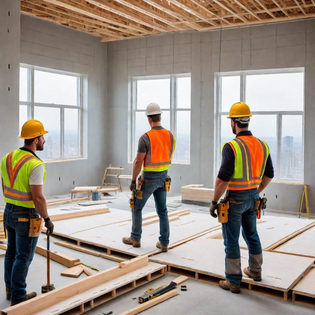  A vibrant construction scene with workers installing drywall, performing roofing tasks, and laying flooring. The image should show a partially finished building where different sections are being worked on simultaneously. Workers should be wearing safety gear like hard hats and vests, and there should be construction tools and materials visible. hyperrealistic, full body, detailed clothing, highly detailed, cinematic lighting, stunningly beautiful, intricate, sharp focus, f/1. 8, 85mm, (centered image composition), (professionally color graded), ((bright soft diffused light)), volumetric fog, trending on instagram, trending on tumblr, HDR 4K, 8K