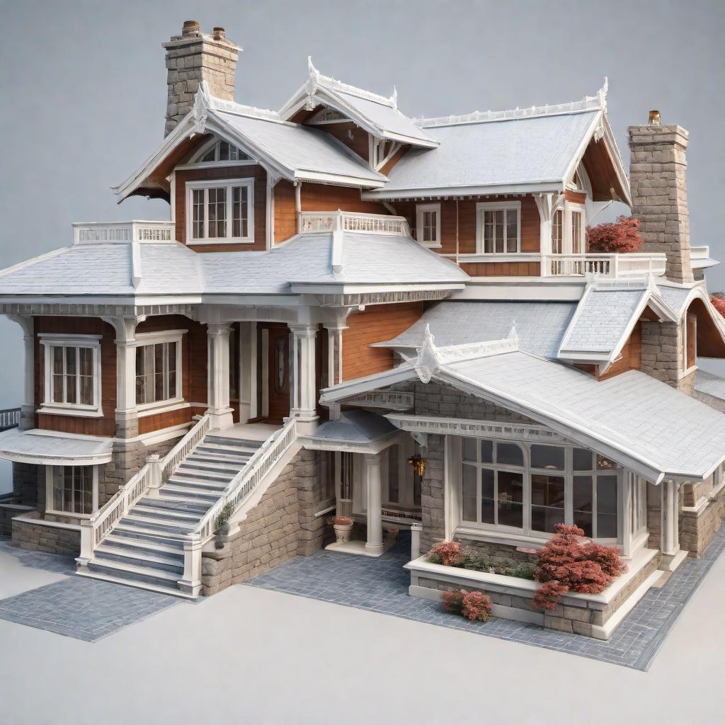  A collection of 10 different house blueprints and pictures. The blueprints should detail the layout of rooms, dimensions, and structural elements. The pictures should provide exterior views, highlighting unique architectural features for each house. The styles should include modern, traditional, contemporary, minimalist, and colonial with features like large windows, sleek roofs, and landscaped surroundings. hyperrealistic, full body, detailed clothing, highly detailed, cinematic lighting, stunningly beautiful, intricate, sharp focus, f/1. 8, 85mm, (centered image composition), (professionally color graded), ((bright soft diffused light)), volumetric fog, trending on instagram, trending on tumblr, HDR 4K, 8K