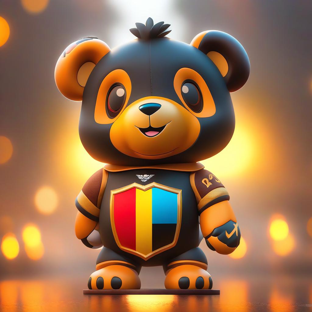  ethereal fantasy concept art of (Mascot):teddy bear, soft toy, football, game, mascot. (Appearance):dressed in a football uniform in the colours of the German national flag. In his paws holds a football. (Style:fantasy, cartoon) . magnificent, celestial, ethereal, painterly, epic, majestic, magical, fantasy art, cover art, dreamy, hkmagic hyperrealistic, full body, detailed clothing, highly detailed, cinematic lighting, stunningly beautiful, intricate, sharp focus, f/1. 8, 85mm, (centered image composition), (professionally color graded), ((bright soft diffused light)), volumetric fog, trending on instagram, trending on tumblr, HDR 4K, 8K