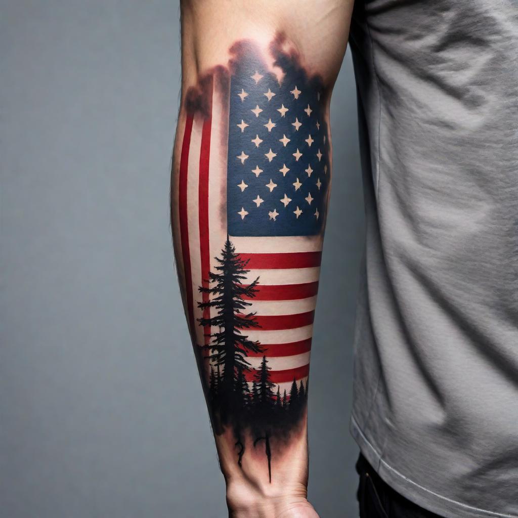  An American flag tattered tattoo that starts at the top of a right arm and goes down to the right wrist, with tattered stripes spreading along the arm. hyperrealistic, full body, detailed clothing, highly detailed, cinematic lighting, stunningly beautiful, intricate, sharp focus, f/1. 8, 85mm, (centered image composition), (professionally color graded), ((bright soft diffused light)), volumetric fog, trending on instagram, trending on tumblr, HDR 4K, 8K