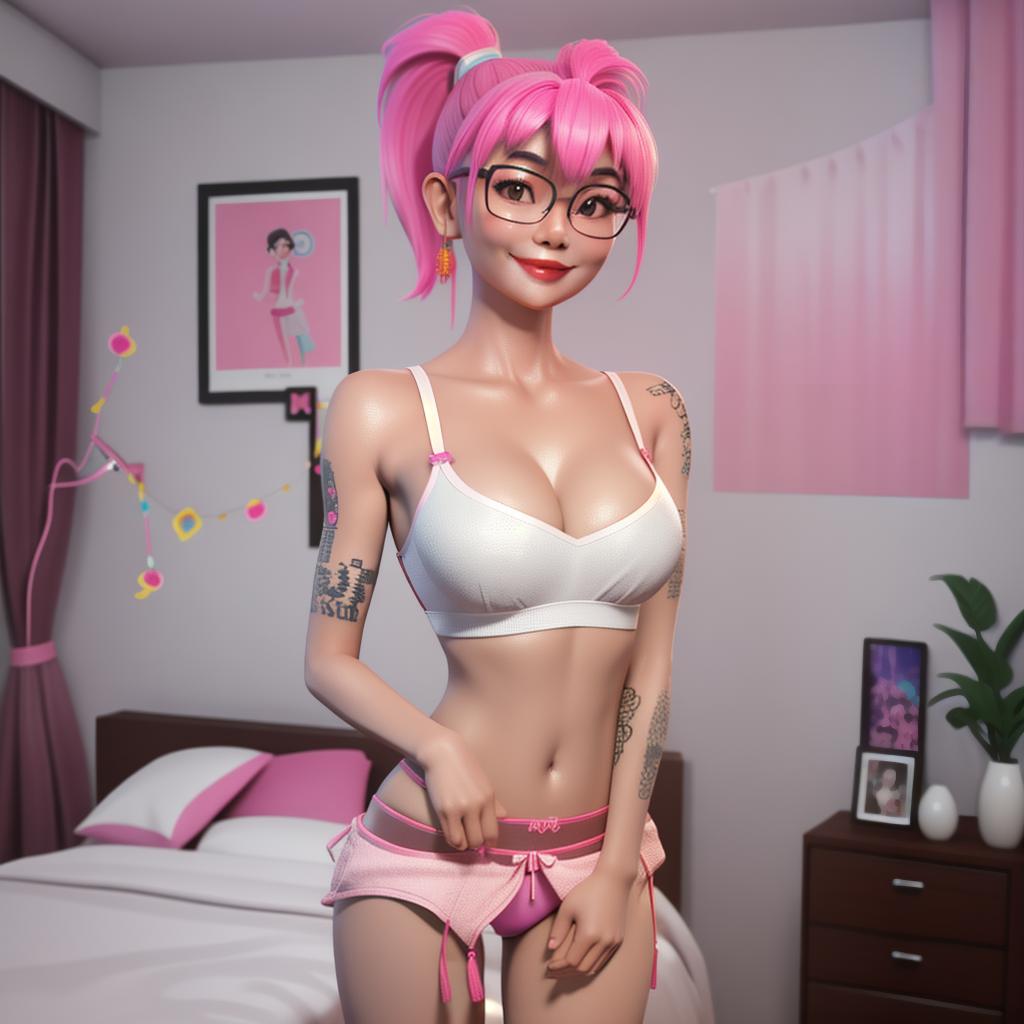  3D render of a Thai woman standing the bedroom, smile, (pink ponytail with bangs), breasts, lipstick, white bra and micro panty with pink waistband, optic glasses, (colorful tattoos:1.3), sexy pose