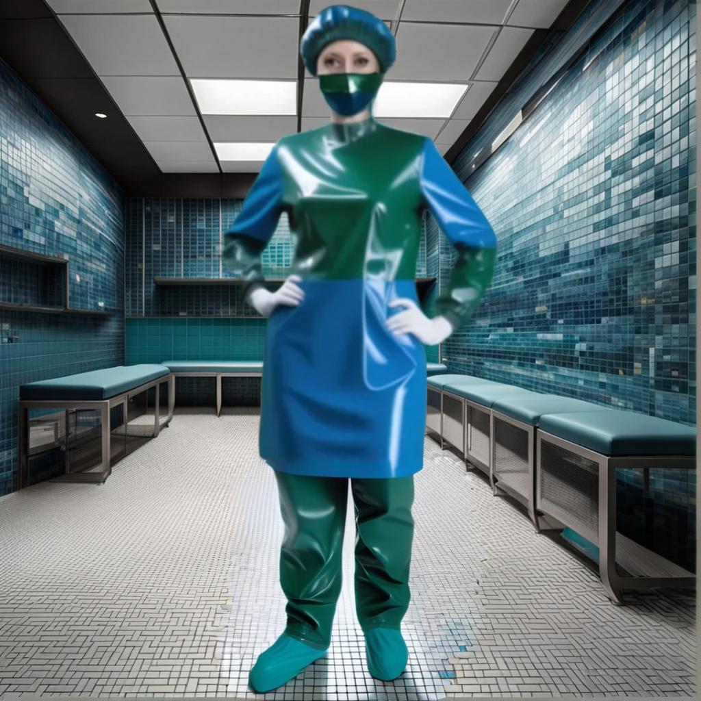  "(hyper detailed), (single woman surgeon standing) in (glossy latex: 1.2) (dark green: 1.1) and (dark blue: 1.2), (full length), (front view ), (full face), standing alone in the locker room of the waiting room in the operating room against the backdrop of a tiled wall there is no one else • posture of the Surgeon: (holds his hands in front of him), (arms extended forward:), ( slightly bent at the elbows), (elbows parallel to the body), (arms also parallel to each other), (hands at head level), (arms pointing down), (fingers slightly apart), • Detailed description: (colors and details of the surgical suit, available only in two color version: • glossy latex • dark green and dark blue, • no other colors). • Surgical suit: (glossy hyperrealistic, full body, detailed clothing, highly detailed, cinematic lighting, stunningly beautiful, intricate, sharp focus, f/1. 8, 85mm, (centered image composition), (professionally color graded), ((bright soft diffused light)), volumetric fog, trending on instagram, trending on tumblr, HDR 4K, 8K