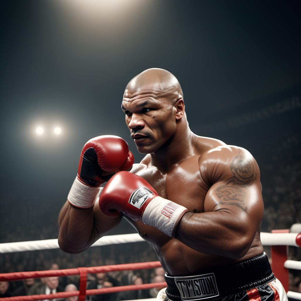  Mike Tyson in boxing gear, in a boxing ring, delivering a powerful punch to an opponent enduring the impact, with the crowd and arena in the background. hyperrealistic, full body, detailed clothing, highly detailed, cinematic lighting, stunningly beautiful, intricate, sharp focus, f/1. 8, 85mm, (centered image composition), (professionally color graded), ((bright soft diffused light)), volumetric fog, trending on instagram, trending on tumblr, HDR 4K, 8K