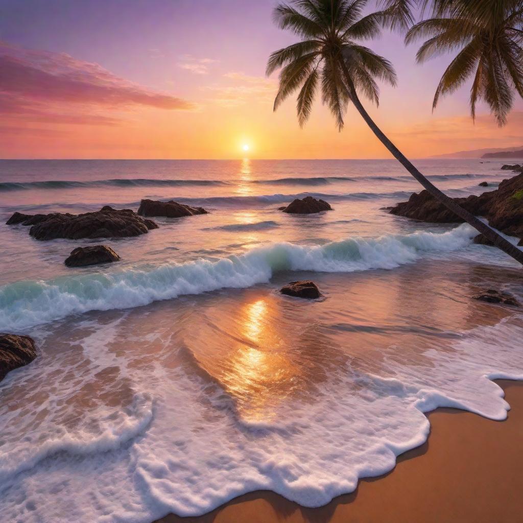  A beautiful sunset scene over a serene ocean. The sky is painted with shades of orange, pink, and purple as the sun dips below the horizon. Gentle waves ripple towards the shore, where soft golden sand meets the water. Silhouettes of palm trees frame the scene, and a few fluffy clouds are scattered across the sky, catching the colors of the setting sun. The overall atmosphere is calm and tranquil, with the colors reflecting off the water’s surface. hyperrealistic, full body, detailed clothing, highly detailed, cinematic lighting, stunningly beautiful, intricate, sharp focus, f/1. 8, 85mm, (centered image composition), (professionally color graded), ((bright soft diffused light)), volumetric fog, trending on instagram, trending on tumblr, HDR 4K, 8K