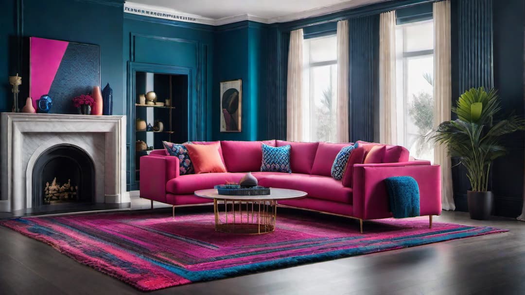  Create an image of an 80s retro living room with vibrant neon colors and geometric patterns. The central feature should be a large neon pink sofa against electric blue walls. Include geometric printed rugs, throw pillows, chrome accents, mirrored surfaces, and abstract art pieces. The overall atmosphere should exude the bold and eclectic style of 80s interior design. hyperrealistic, full body, detailed clothing, highly detailed, cinematic lighting, stunningly beautiful, intricate, sharp focus, f/1. 8, 85mm, (centered image composition), (professionally color graded), ((bright soft diffused light)), volumetric fog, trending on instagram, trending on tumblr, HDR 4K, 8K