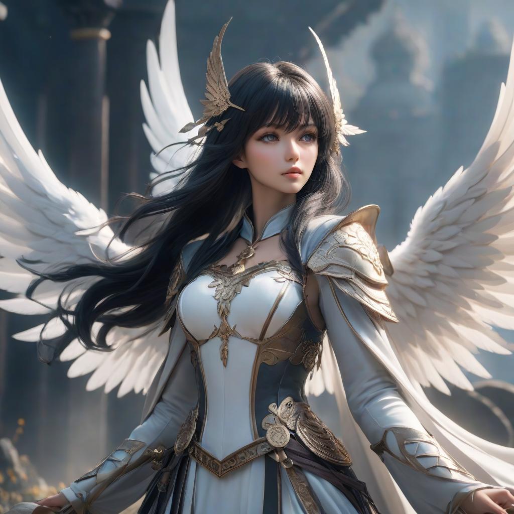  The goddess of wind and freedom. Dark long hair with bangs, white wings, gray eyes, slim body hyperrealistic, full body, detailed clothing, highly detailed, cinematic lighting, stunningly beautiful, intricate, sharp focus, f/1. 8, 85mm, (centered image composition), (professionally color graded), ((bright soft diffused light)), volumetric fog, trending on instagram, trending on tumblr, HDR 4K, 8K