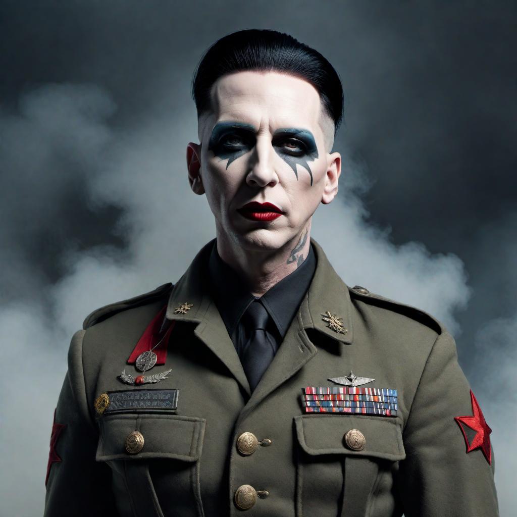  Marilyn Manson in his Antichrist Superstar persona, stylized as a World War II soldier. He's in the midst of a battlefield, armed with guns, and his iconic lightning bolt logo prominently displayed on his uniform. hyperrealistic, full body, detailed clothing, highly detailed, cinematic lighting, stunningly beautiful, intricate, sharp focus, f/1. 8, 85mm, (centered image composition), (professionally color graded), ((bright soft diffused light)), volumetric fog, trending on instagram, trending on tumblr, HDR 4K, 8K