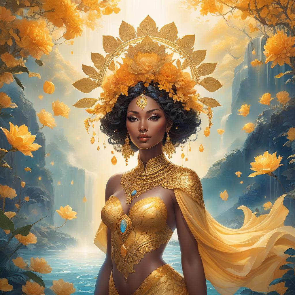  watercolor painting A fantasy portrait of a woman adorned with golden floral ornaments, surrounded by a mystical, luminous landscape with water elements. An insanely hyperdetailed whimsical fantasical painting of the Goddess Oshun, the Yoruba goddess of love, fertility, and rivers. She is typically depicted as a beautiful woman adorned with gold and surrounded by flowing water. Genres: Fantasy, Mythology. Styles: Whimsical, Surreal. Techniques: Hyperrealism, Digital Painting. Lights: Warm and Radiant. Colors: Golden yellows, bright oranges, warm browns, and deep blues. Descriptive terms: Lush, Opulent, Serene, Mystical, and Nurturing. This masterpiece digital artwork would be best painted by artists such as Tara McPherson, Audrey Kawasaki,  hyperrealistic, full body, detailed clothing, highly detailed, cinematic lighting, stunningly beautiful, intricate, sharp focus, f/1. 8, 85mm, (centered image composition), (professionally color graded), ((bright soft diffused light)), volumetric fog, trending on instagram, trending on tumblr, HDR 4K, 8K