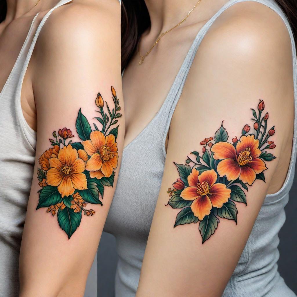  A tattoo design featuring October, January, March, and December birth flowers to represent the grandchild's birth months. The design should include marigold for October, carnation for January, daffodil for March, and holly for December. The flowers should be intricately intertwined in a vine-like structure with minimal leaves, symbolizing the connection between the grandparent and grandchild. hyperrealistic, full body, detailed clothing, highly detailed, cinematic lighting, stunningly beautiful, intricate, sharp focus, f/1. 8, 85mm, (centered image composition), (professionally color graded), ((bright soft diffused light)), volumetric fog, trending on instagram, trending on tumblr, HDR 4K, 8K