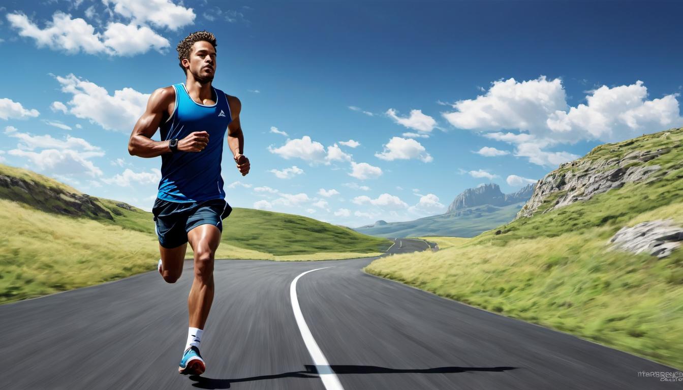  digital illustration, A runner, depicted in mid stride, sole focus on the path ahead, detailed muscles and movement, backdrop of an open landscape under a clear, blue sky, intrinsic motivation, determination, perseverance, drive, looking at viewer, dynamic pose, (intricate details, masterpiece, best quality)