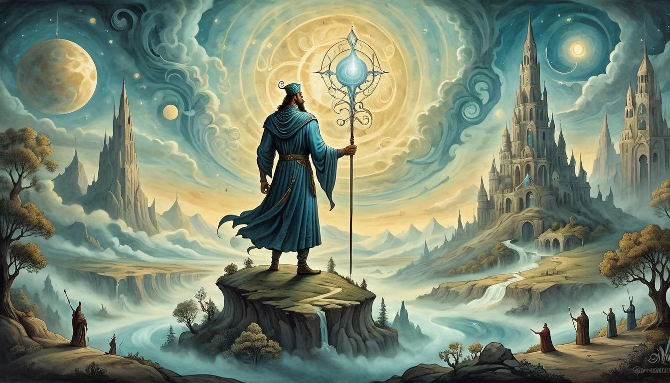  on parchment, surrealism+++, A divine being towering over a landscape, surrounded by swirling energies, holding a staff of light, environment transforming, surreal, majestic, powerful(mysterious, provocative, symbolic,muted color)+++