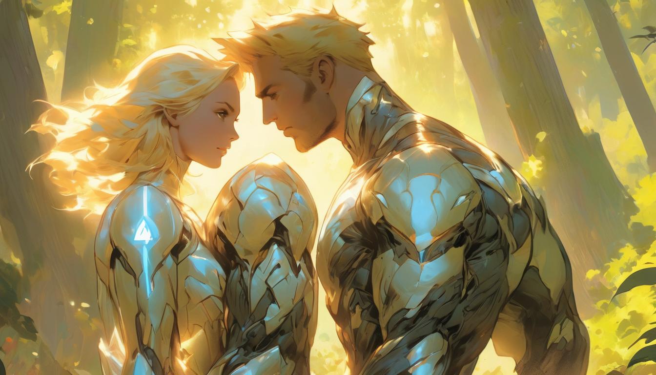  hyperrealism,fantasy aesthetic1woman1man, large busted attractive blonde arian female humanoid and handsome male humanoid, engaging in acts of kindness, serene park, divine light filtering through trees, high tech clothing clad in sleek, futuristic costume with metallic accents and form fitting designs, marvel superhero comics style, unreal engine rendering