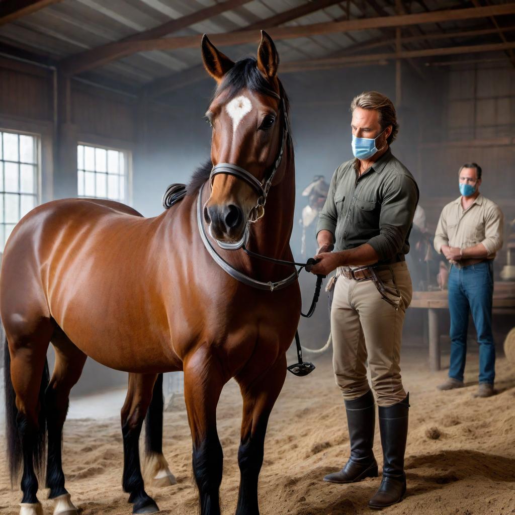  A horse is standing calmly with a muzzle and a blindfold in a controlled environment. There is a loop around its rear leg. The scene includes a trained professional preparing to use a captive bolt gun, which is ready and positioned for the stunning process. The setting emphasizes humane treatment and the careful handling of the animal. hyperrealistic, full body, detailed clothing, highly detailed, cinematic lighting, stunningly beautiful, intricate, sharp focus, f/1. 8, 85mm, (centered image composition), (professionally color graded), ((bright soft diffused light)), volumetric fog, trending on instagram, trending on tumblr, HDR 4K, 8K