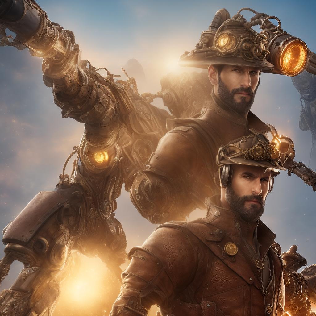 portrait+ style steampunk man hyperrealistic, full body, detailed clothing, highly detailed, cinematic lighting, stunningly beautiful, intricate, sharp focus, f/1. 8, 85mm, (centered image composition), (professionally color graded), ((bright soft diffused light)), volumetric fog, trending on instagram, trending on tumblr, HDR 4K, 8K