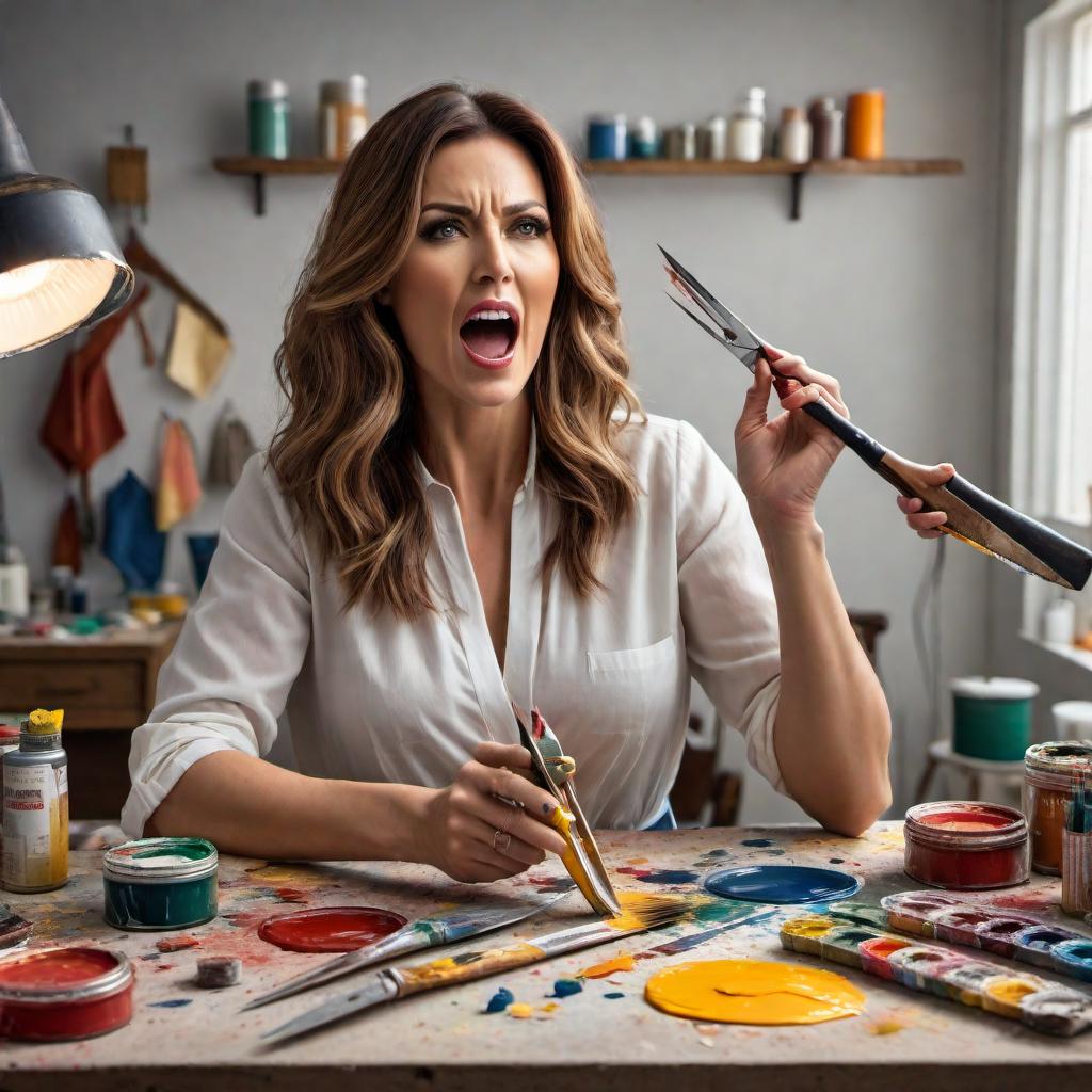  A meme featuring a woman yelling “Don’t use my scissors to cut clothes” and “It’s only for cutting paper.” The scene shows a cluttered table with paint brushes, crayons, glue, and a craft knife. hyperrealistic, full body, detailed clothing, highly detailed, cinematic lighting, stunningly beautiful, intricate, sharp focus, f/1. 8, 85mm, (centered image composition), (professionally color graded), ((bright soft diffused light)), volumetric fog, trending on instagram, trending on tumblr, HDR 4K, 8K